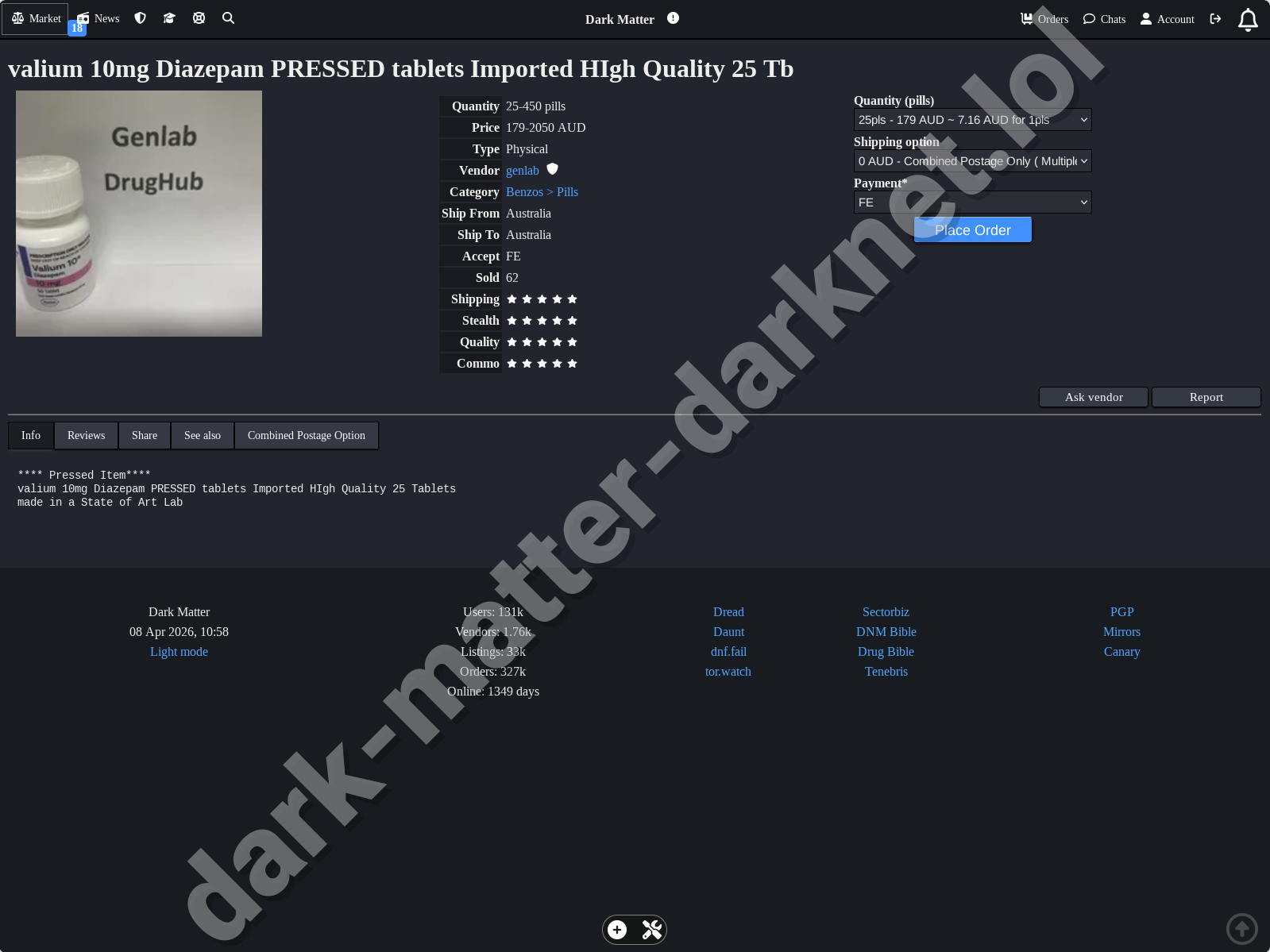 Dark Matter Darknet Market product listing example